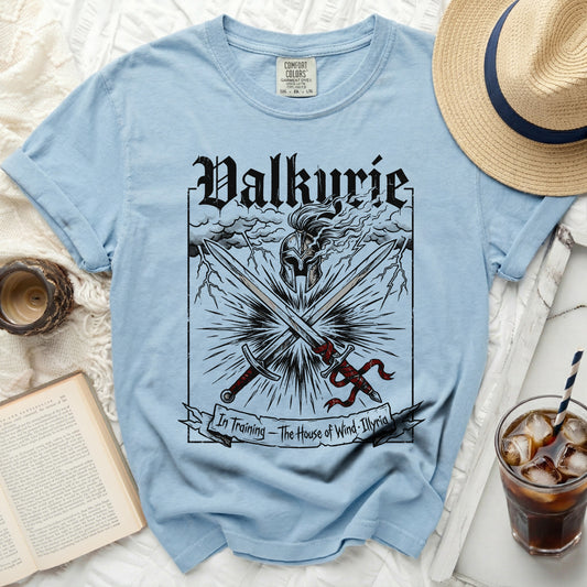 Light blue t-shirt with "Valkyrie" graphic, crossed swords, and helmet.