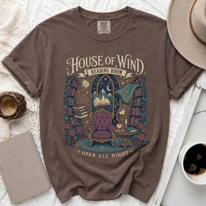 Brown t-shirt with "House of Wind Reading Room Open All Night" graphic.