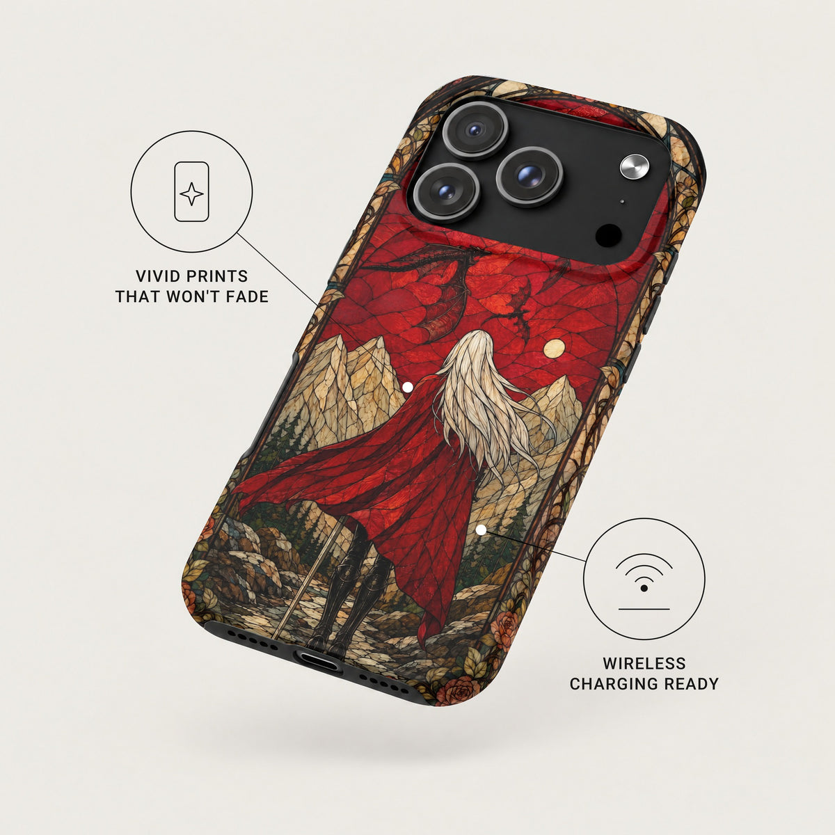 A smartphone case featuring a stained glass design of a blonde warrior in a red cape, with callouts for vivid prints and wireless charging.