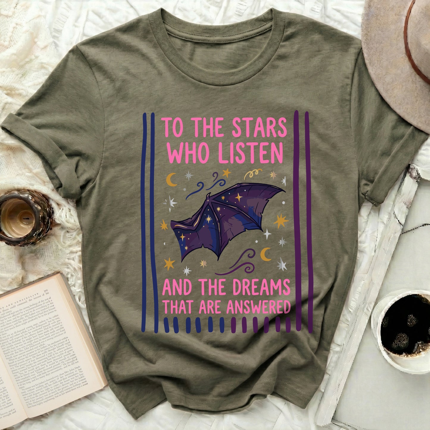 TO THE STARS WHO LISTEN AND THE DREAMS THAT ARE ANSWERED product type
Stars, Dreams, Batwing, Fantasy, Celestial, Night Sky, Magical, Inspirational, Quote, Aesthetic, Moon, Mystical, Olive Green, Graphic Tee, Apparel, Gift, Unique, Stellar, Purple Bat, Who Listen