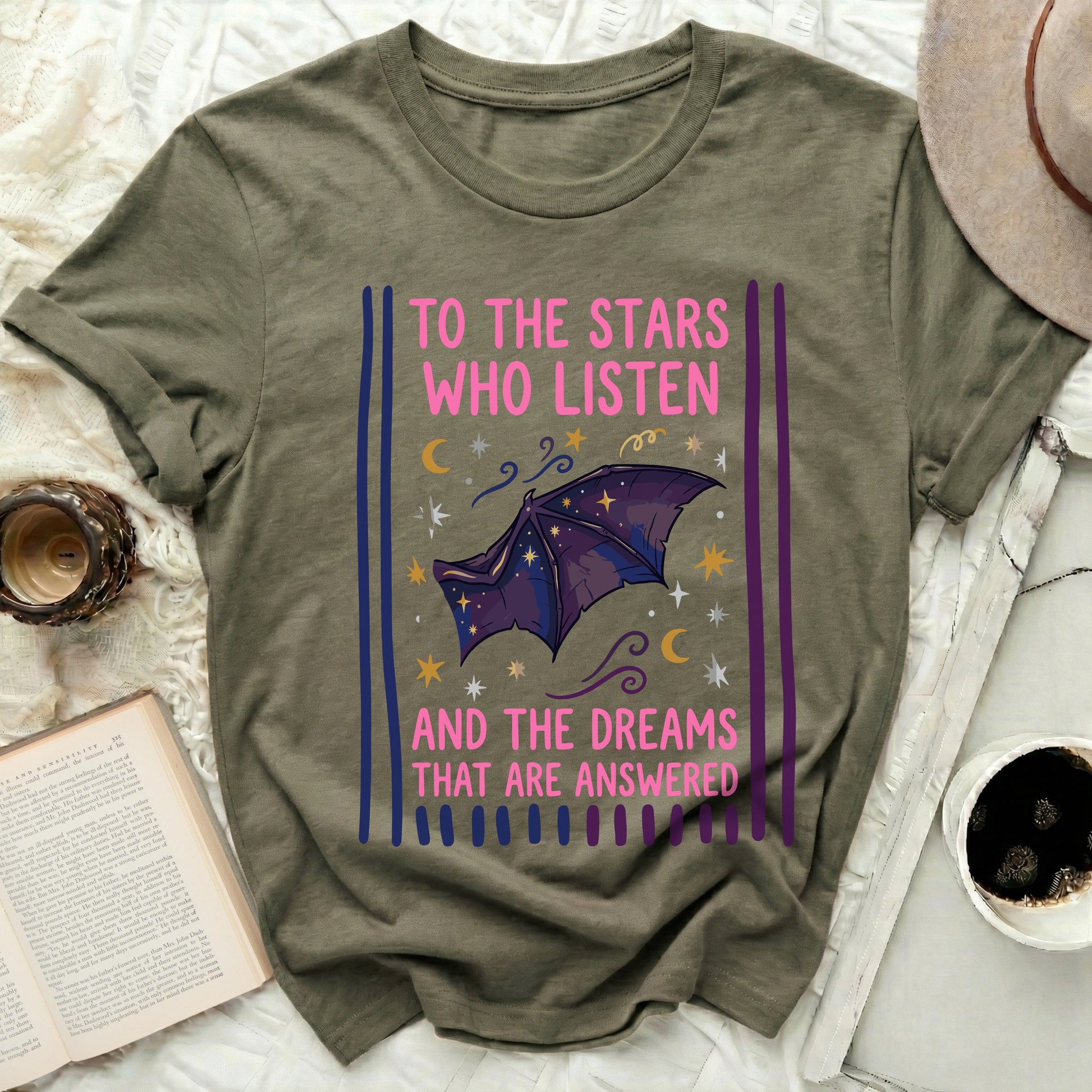 TO THE STARS WHO LISTEN AND THE DREAMS THAT ARE ANSWERED product type
Stars, Dreams, Batwing, Fantasy, Celestial, Night Sky, Magical, Inspirational, Quote, Aesthetic, Moon, Mystical, Olive Green, Graphic Tee, Apparel, Gift, Unique, Stellar, Purple Bat, Who Listen