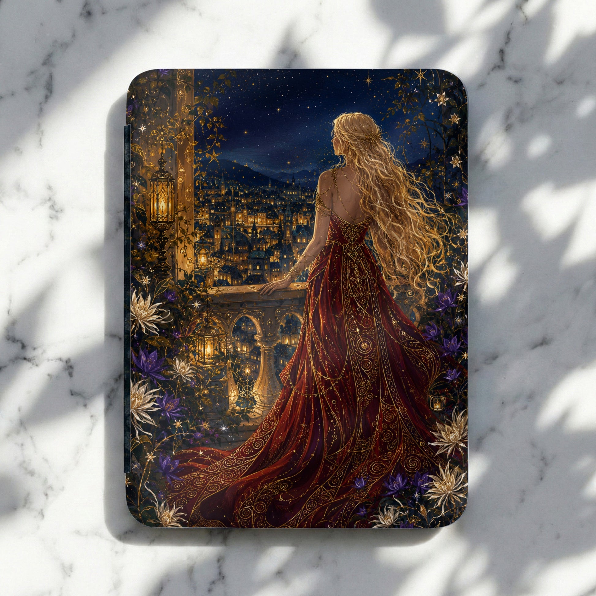 Golden-haired woman in a red gown facing a starry cityscape from a balcony