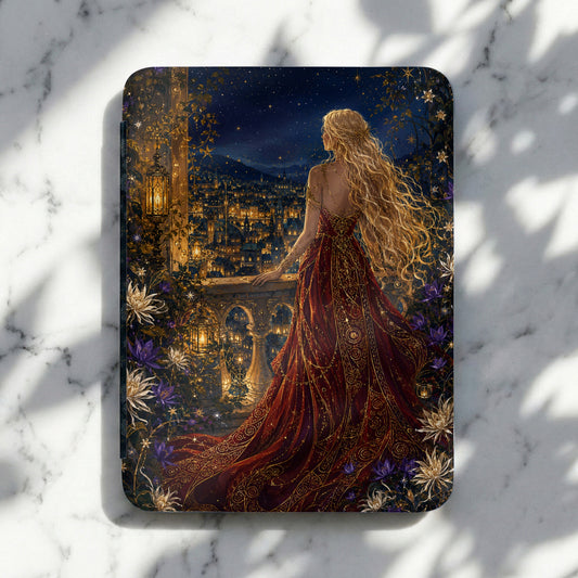 Golden-haired woman in a red gown facing a starry cityscape from a balcony
