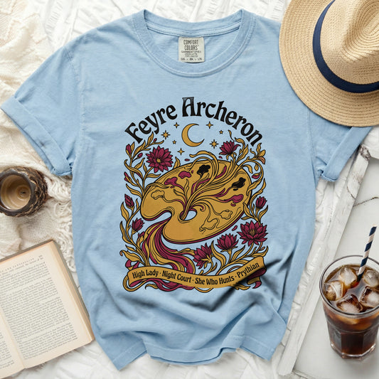 Light blue t-shirt with "Feyre Archeron High Lady Night Court" text and floral design.