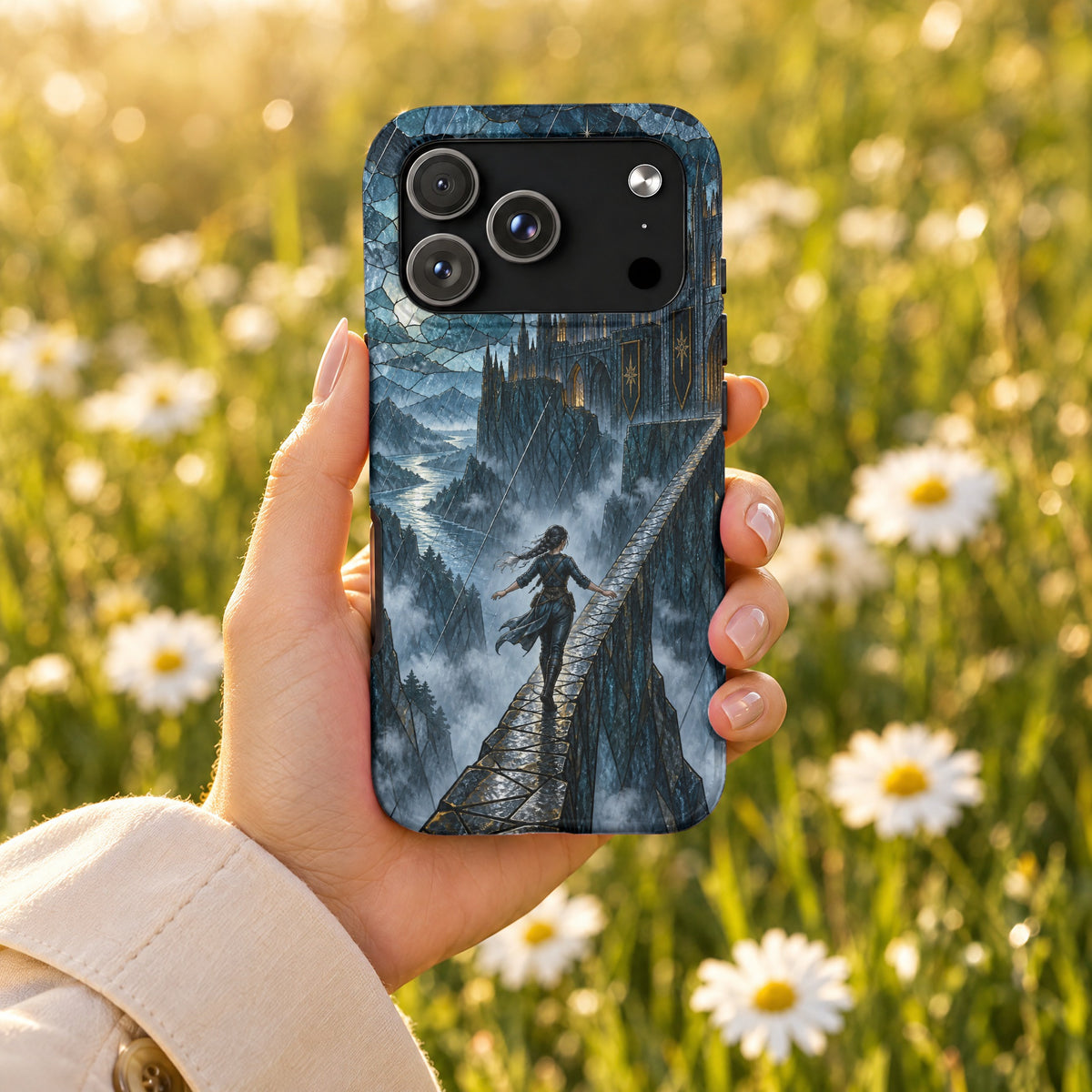 A hand holds a smartphone featuring a fantasy landscape case against a blurry background of white daisies.