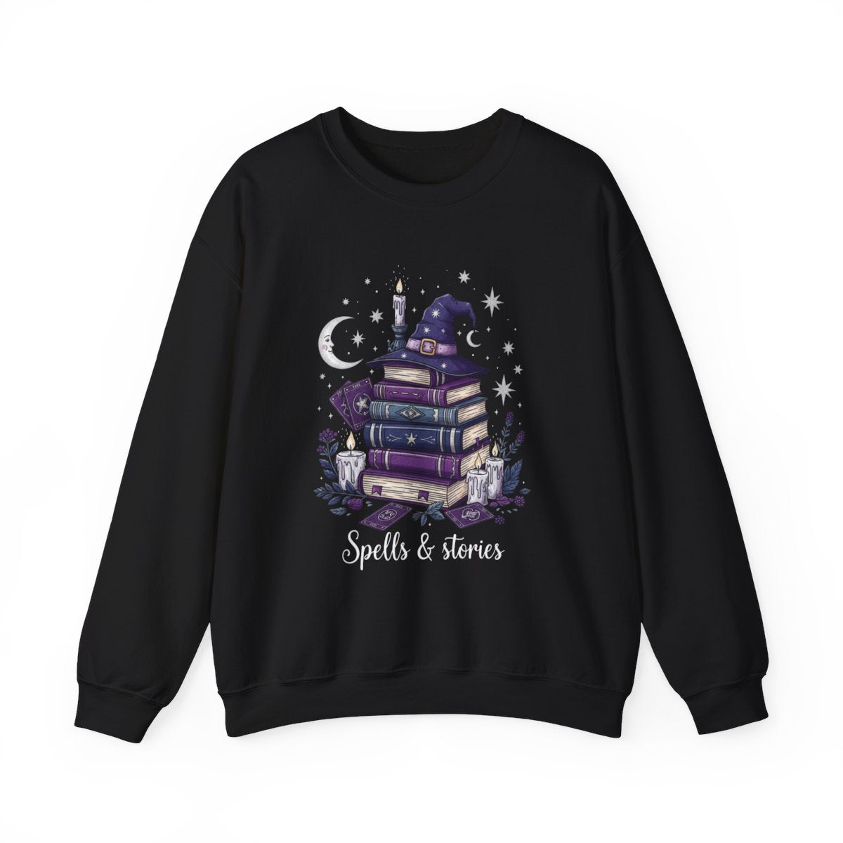 Spells Stories Stack Books Witch Hat Graphic Sweatshirt - MagicMerchEmporium