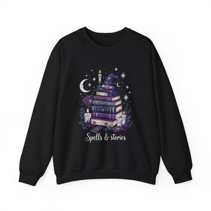 Spells Stories Stack Books Witch Hat Graphic Sweatshirt - MagicMerchEmporium