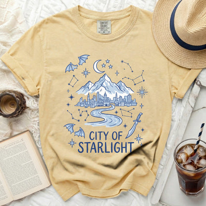 Yellow comfort colors t-shirt with "City of Starlight" graphic.