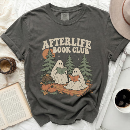 Graphic tee with "Afterlife Book Club" text and two ghosts reading.