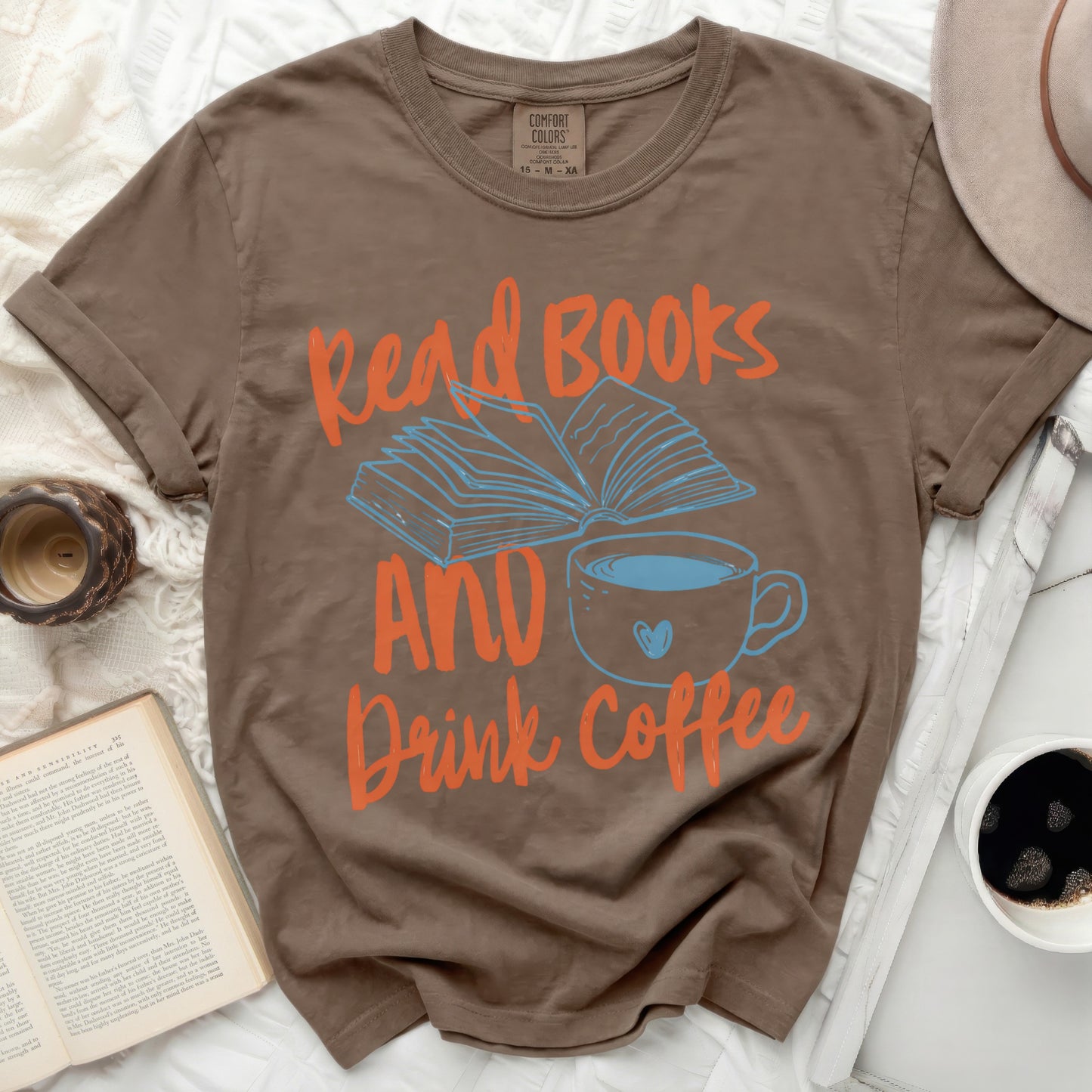 Brown t-shirt with "Read Books AND Drink Coffee" text and graphics.