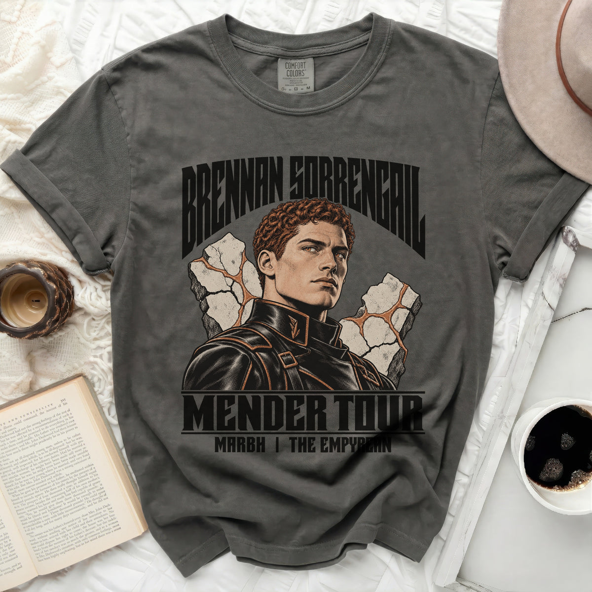 Grey t-shirt with "Brennan Sorrengal Mender Tour Marbh I The Empyrean" text and graphic.