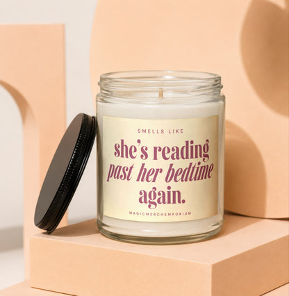 Candle with label "Smells like she's reading past her bedtime again."