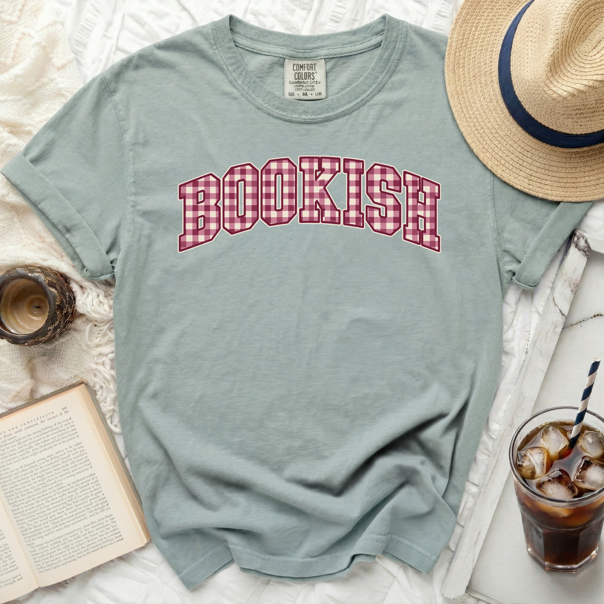 Green t-shirt with "BOOKISH" in plaid letters