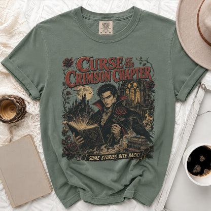 Green t-shirt with "Curse of the Crimson Chapter" gothic design and vampire.
