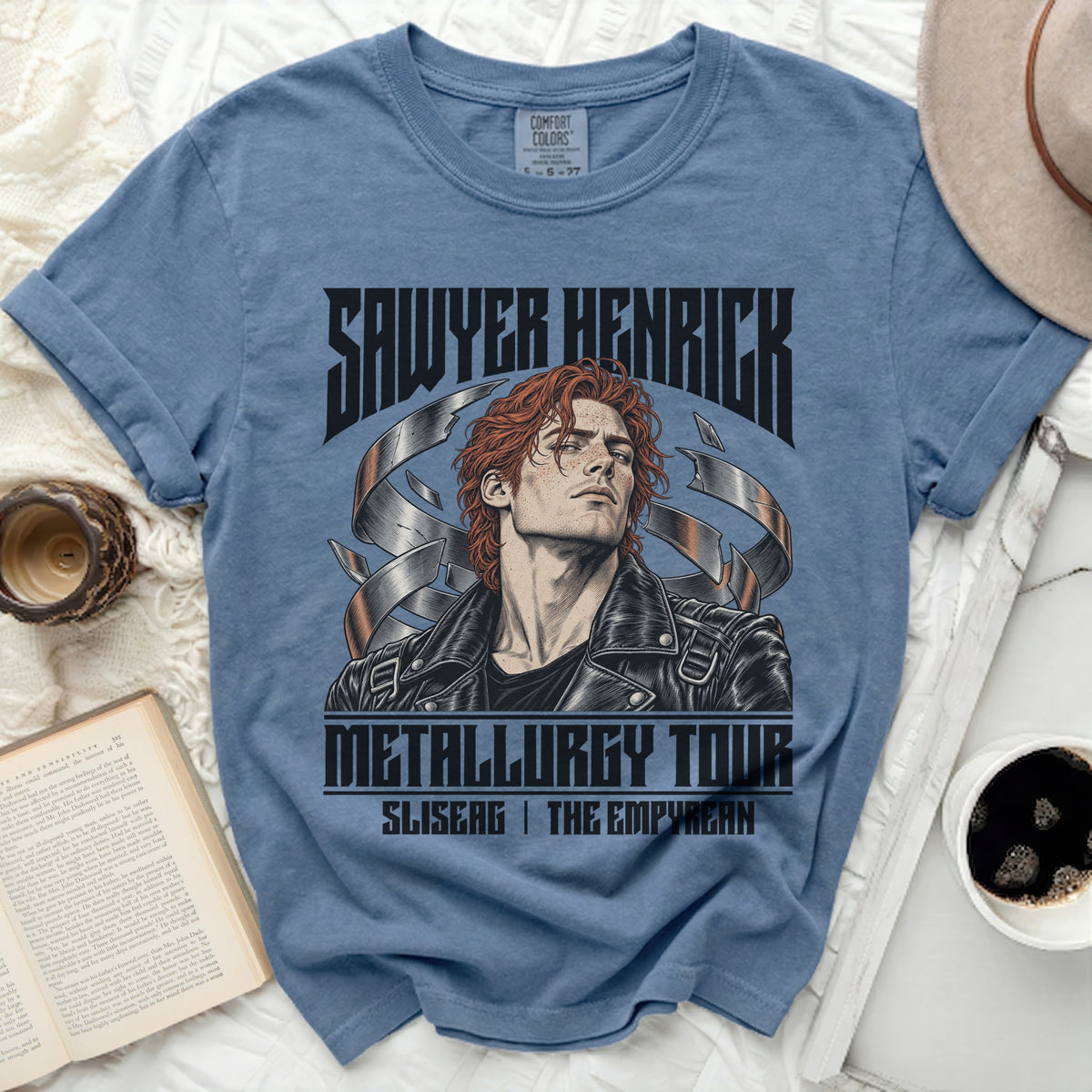 Sawyer Henrick Metallurgy Tour t-shirt featuring an illustrated man with red hair.