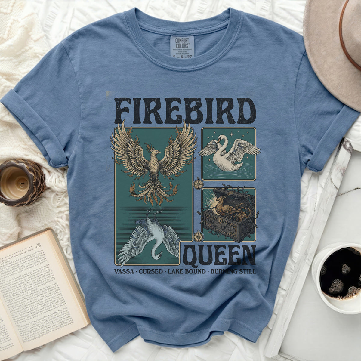 Firebird Queen graphic tee with a phoenix, swan, and bird in a treasure chest.
