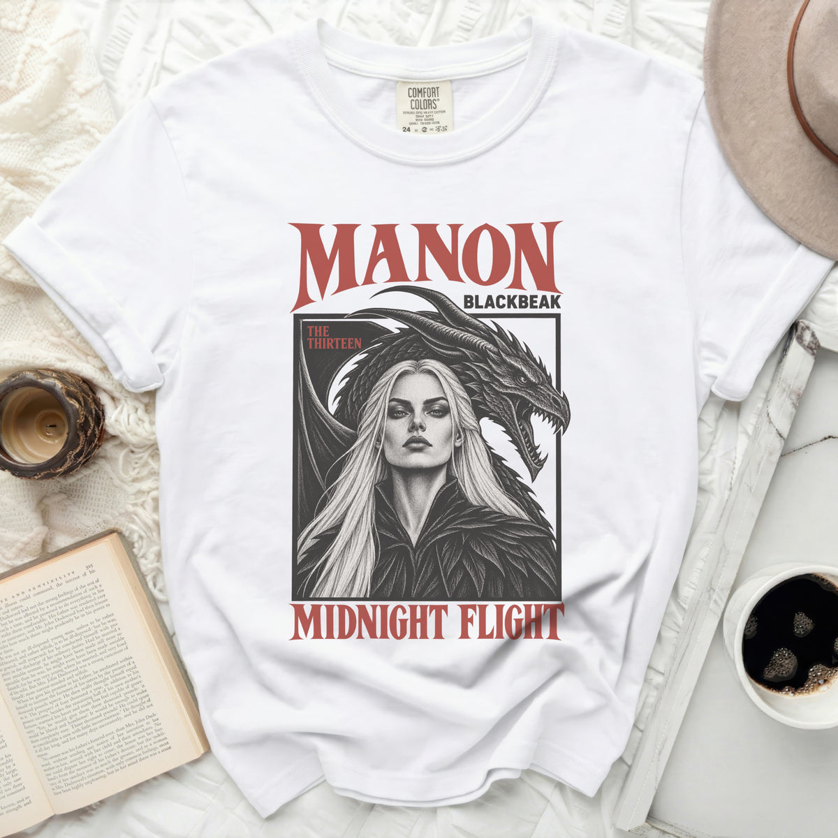 White t-shirt featuring Manon Blackbeak and dragon art with "Midnight Flight" text.