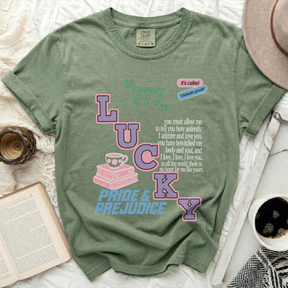 Green t-shirt with 'Lucky' and 'Pride & Prejudice' text, and literary quote.
