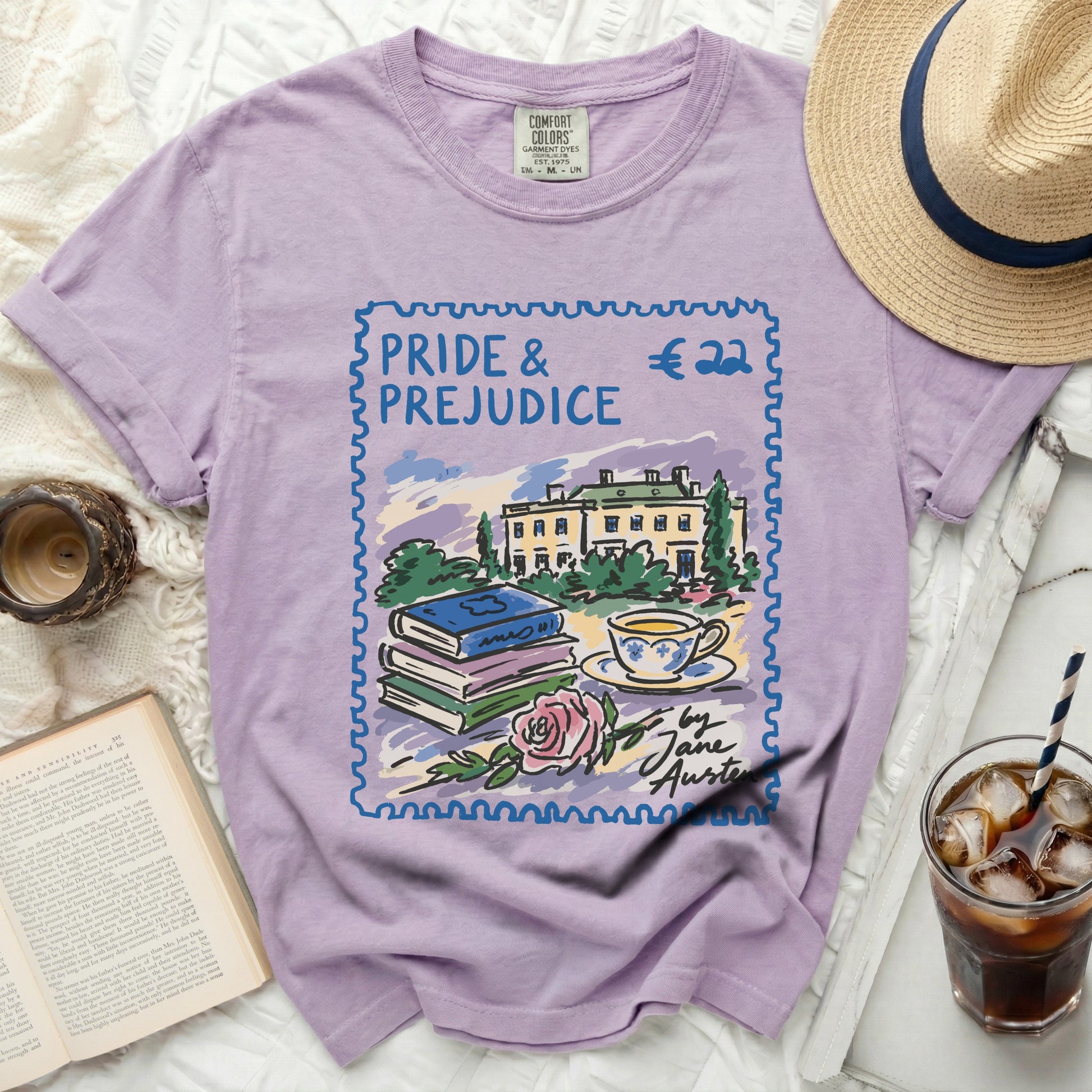 Purple t-shirt with a "Pride & Prejudice" stamp graphic by Jane Austen.