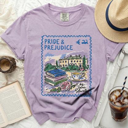 Purple t-shirt with a "Pride & Prejudice" stamp graphic by Jane Austen.
