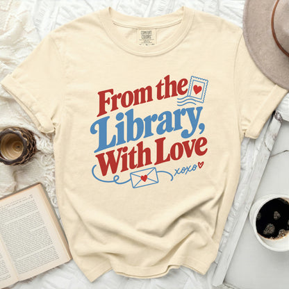 Light cream t-shirt with "From the Library, With Love" text and love heart graphics.