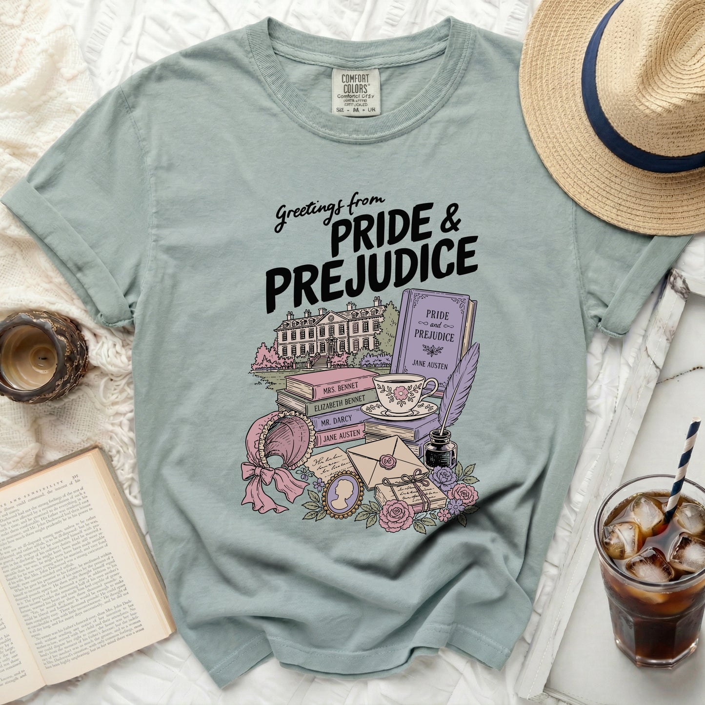 T-shirt featuring "Greetings from PRIDE & PREJUDICE" with book illustrations.