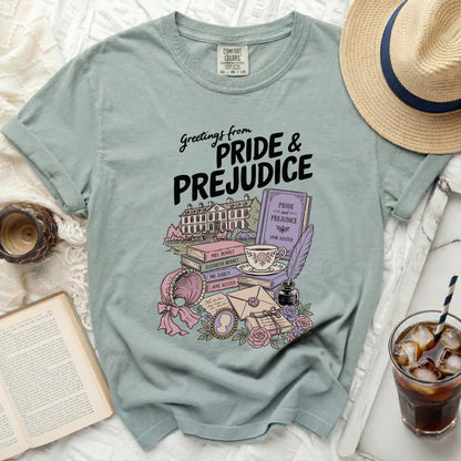 T-shirt featuring "Greetings from PRIDE & PREJUDICE" with book illustrations.