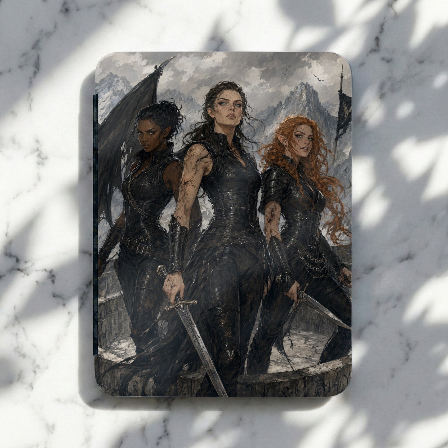 Artwork of three diverse warrior women in black leather armor, holding swords in a mountainous landscape.