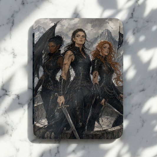 Artwork of three diverse warrior women in black leather armor, holding swords in a mountainous landscape.