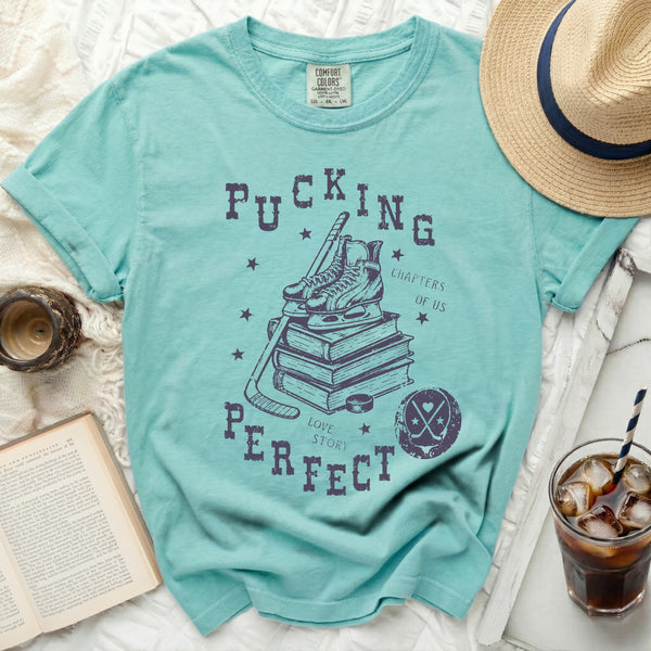 Pucking Perfect Hockey Love Story Tee in Island Reef