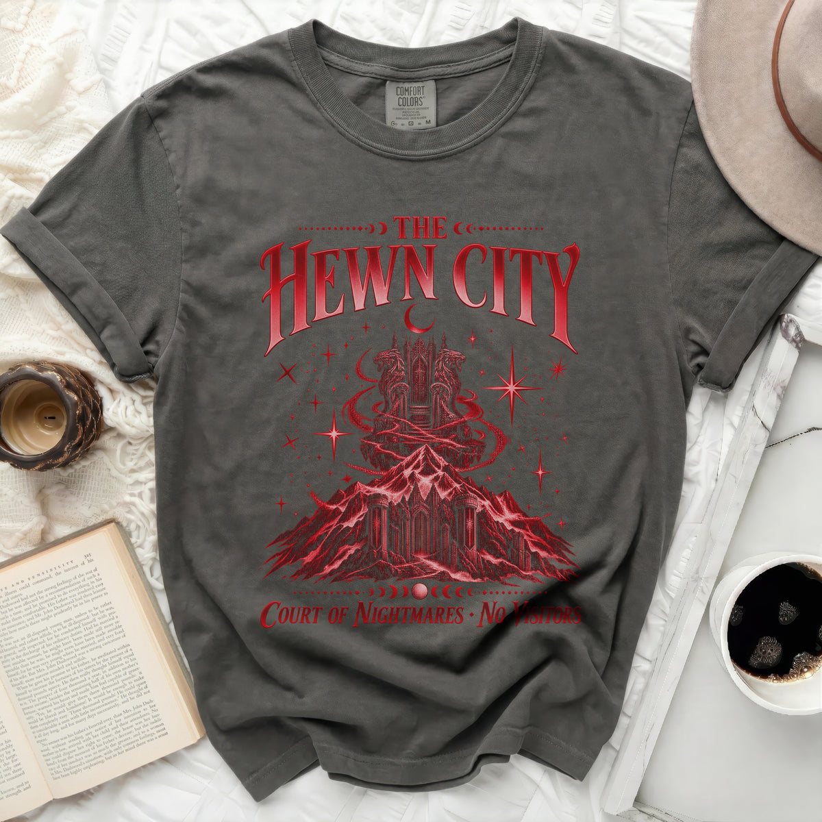 The Hewn City Court of Nightmares No Visitors t-shirt with red graphic.