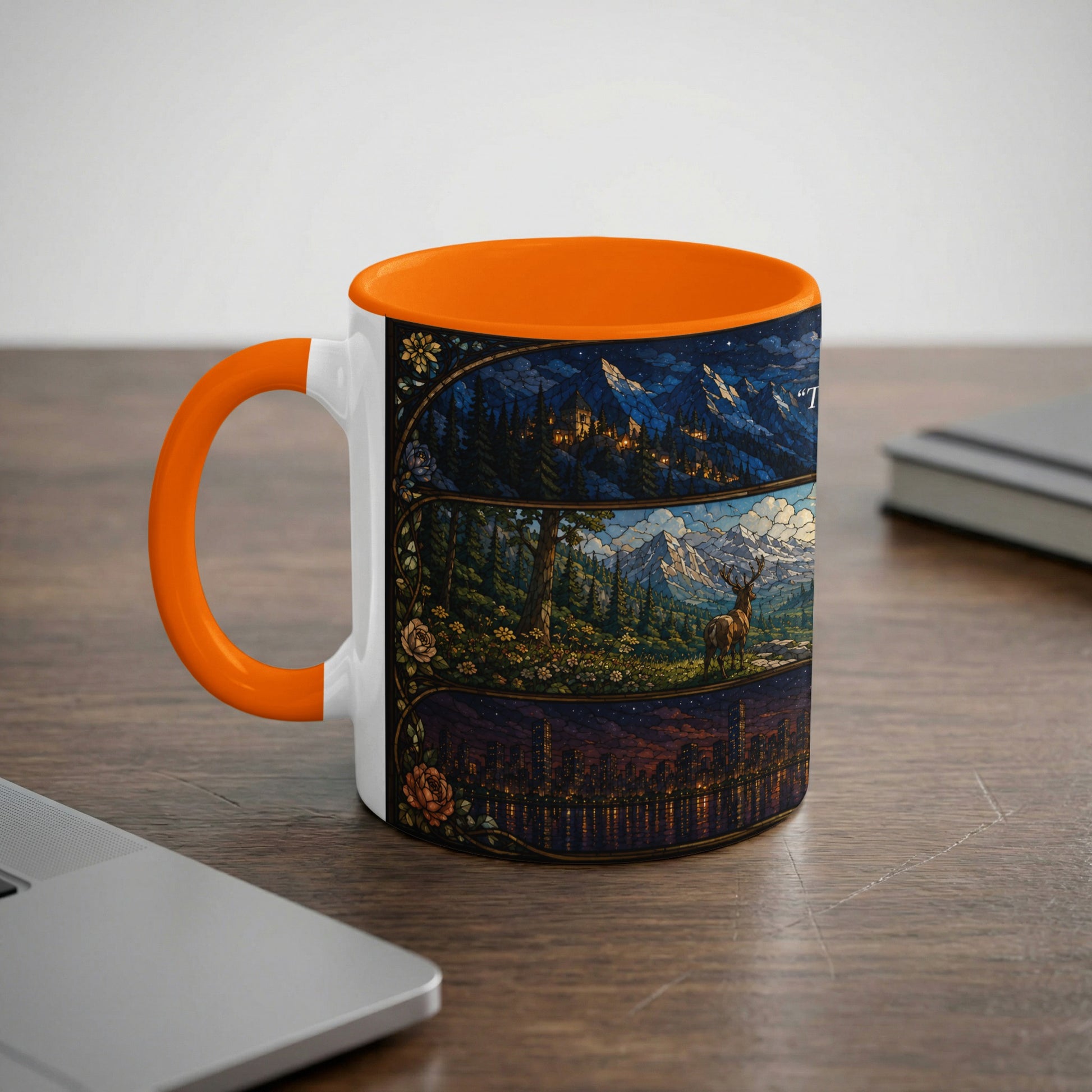 White mug with orange handle featuring three stained-glass style landscape scenes.