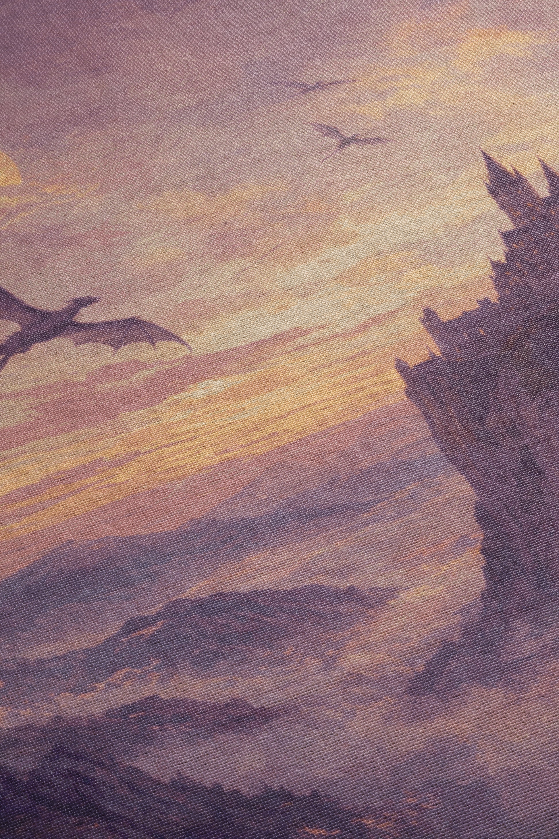 a serene landscape with a dragon soaring through the sky, its wings spread wide as it glides over a mountainous terrain.