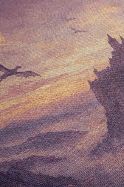 a serene landscape with a dragon soaring through the sky, its wings spread wide as it glides over a mountainous terrain.