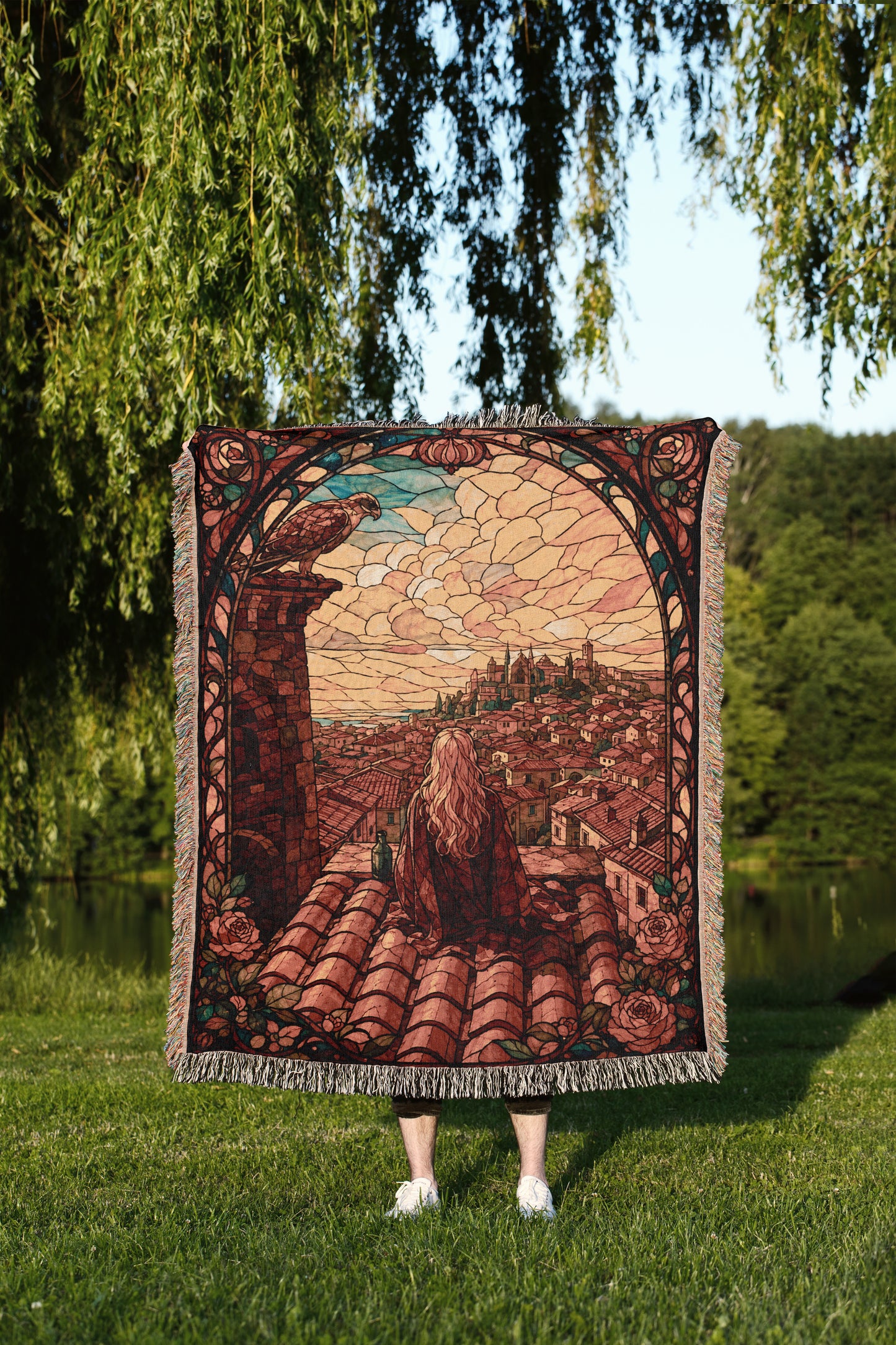 A person is standing in a grassy area, holding a large, ornate tapestry or blanket that features a detailed cityscape design.