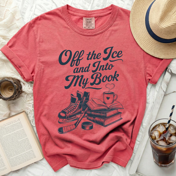 Off the Ice & Into My Book Hockey Reader Tee in Watermelon