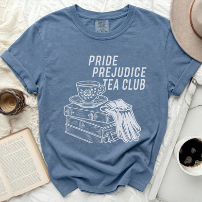 Blue t-shirt with Pride and Prejudice Tea Club graphic of books and teacup.