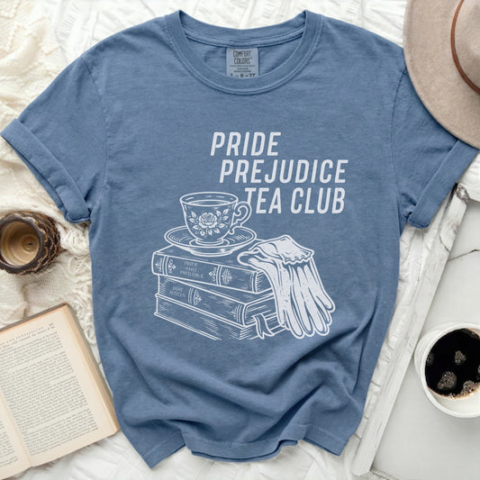 Blue t-shirt with Pride and Prejudice Tea Club graphic of books and teacup.