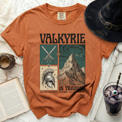 Orange t-shirt with "VALKYRIE IN TRAINING" graphic featuring swords, helmet, and mountains.