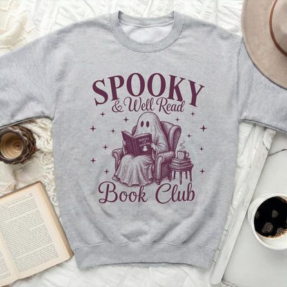 Grey sweatshirt with "Spooky & Well Read Book Club" ghost graphic.