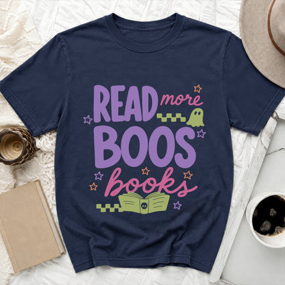 Navy t-shirt with "READ more BOOS books" design and Halloween graphics.