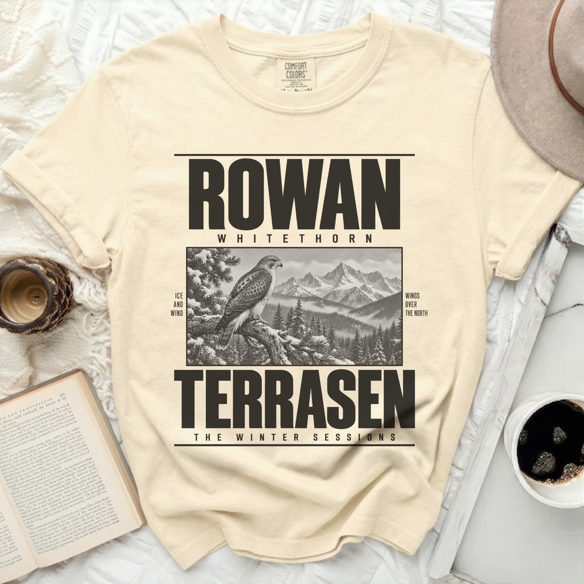 Rowan Whitethorn Terrasen graphic tee with bird and mountains design.