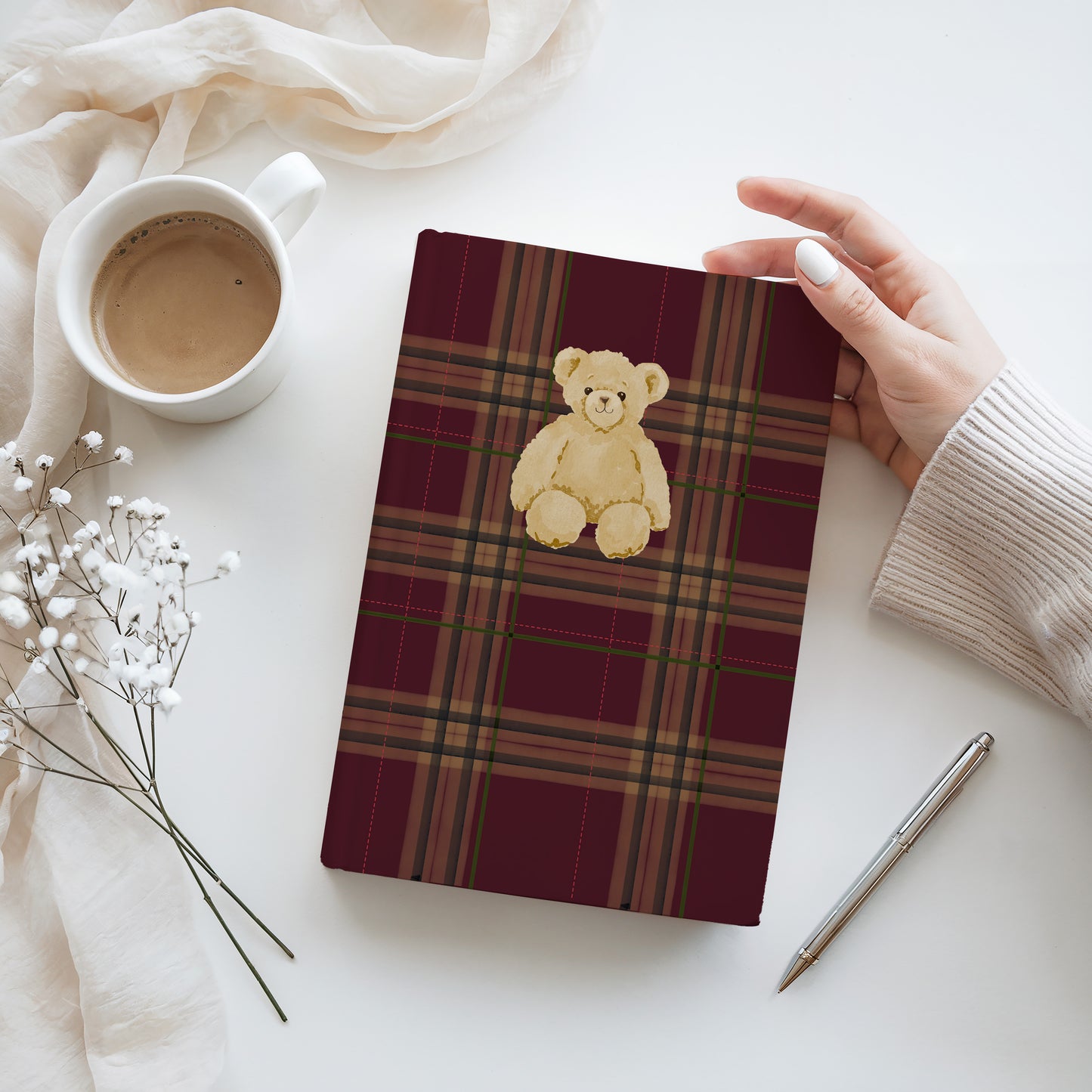 Cute Teddy Bear Plaid Hardcover Journal Notebook