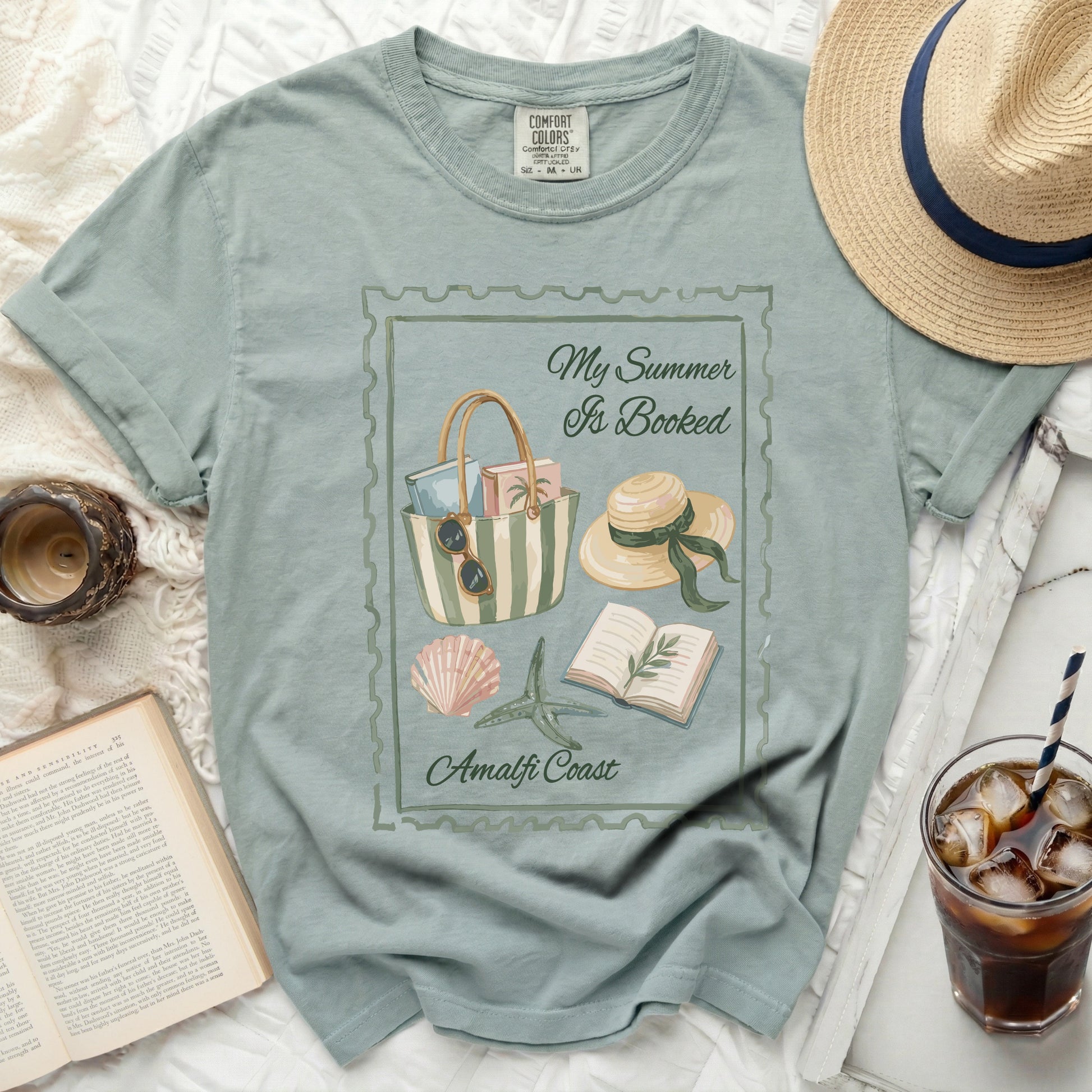 T-shirt graphic with "My Summer Is Booked Amalfi Coast" and beach motifs.