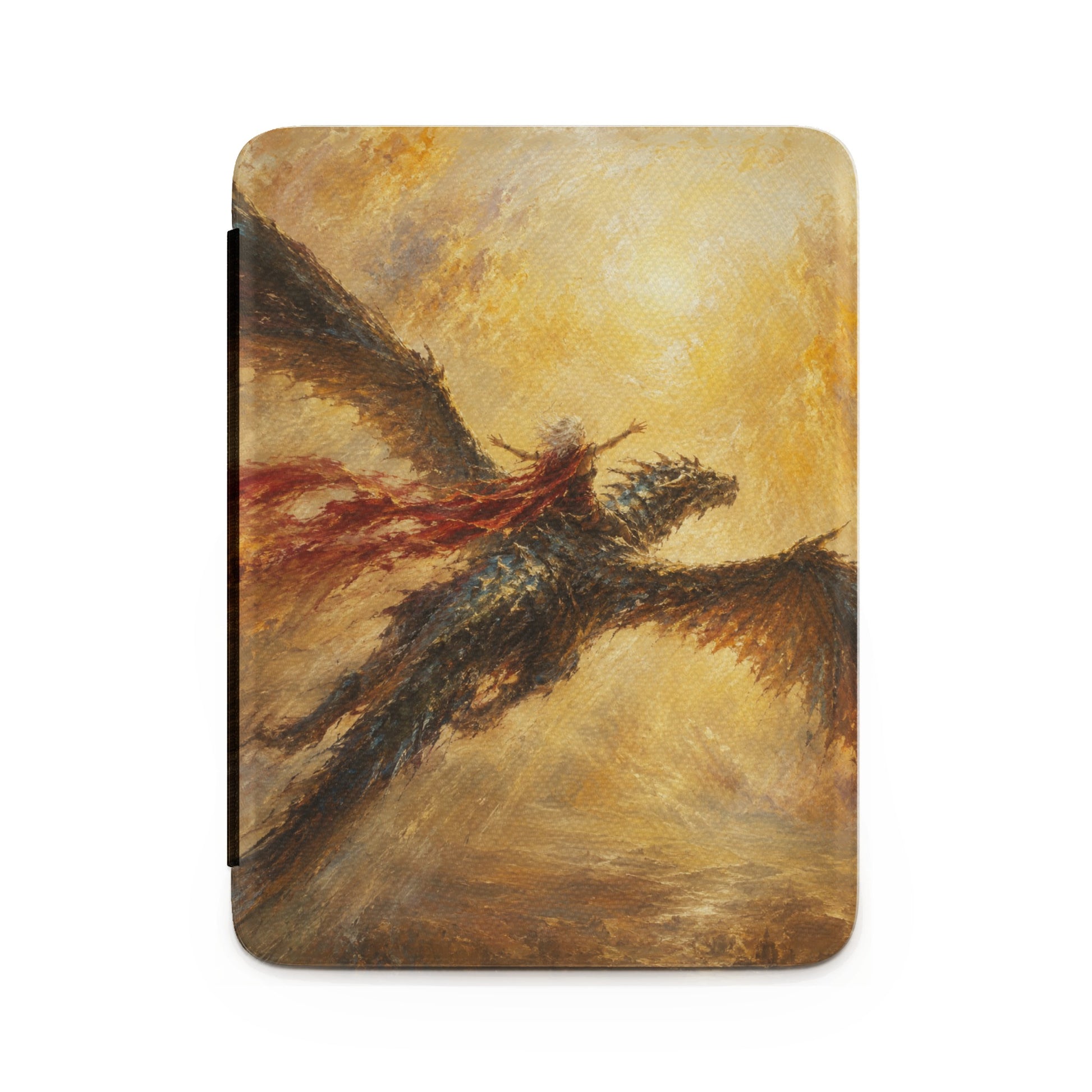 Painting of a person with a red cape riding a dragon through a golden sky.