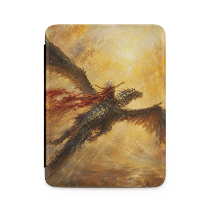 Painting of a person with a red cape riding a dragon through a golden sky.