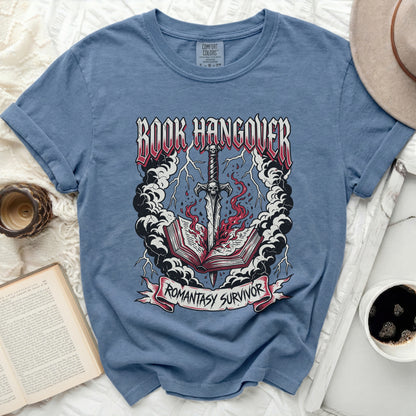 Blue t-shirt with "Book Hangover" and "Romantasy Survivor" graphic.