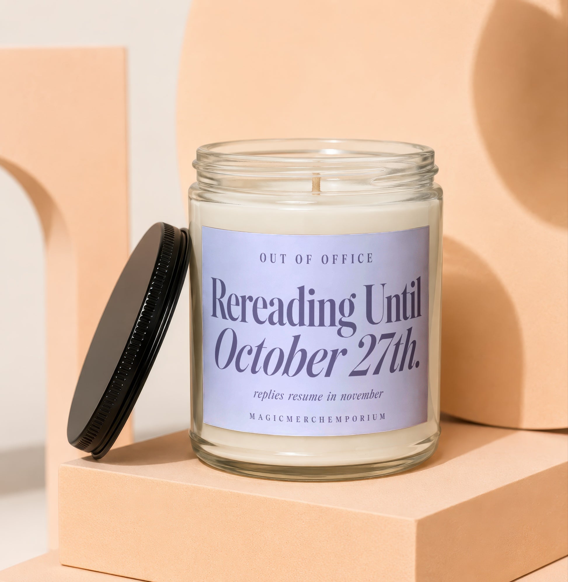 Candle with "Rereading Until October 27th" text and "Out of Office" label.
