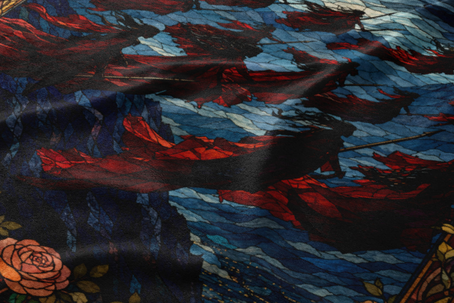 Crimson and blue fabric with a stained-glass effect featuring flowing figures and a rose.