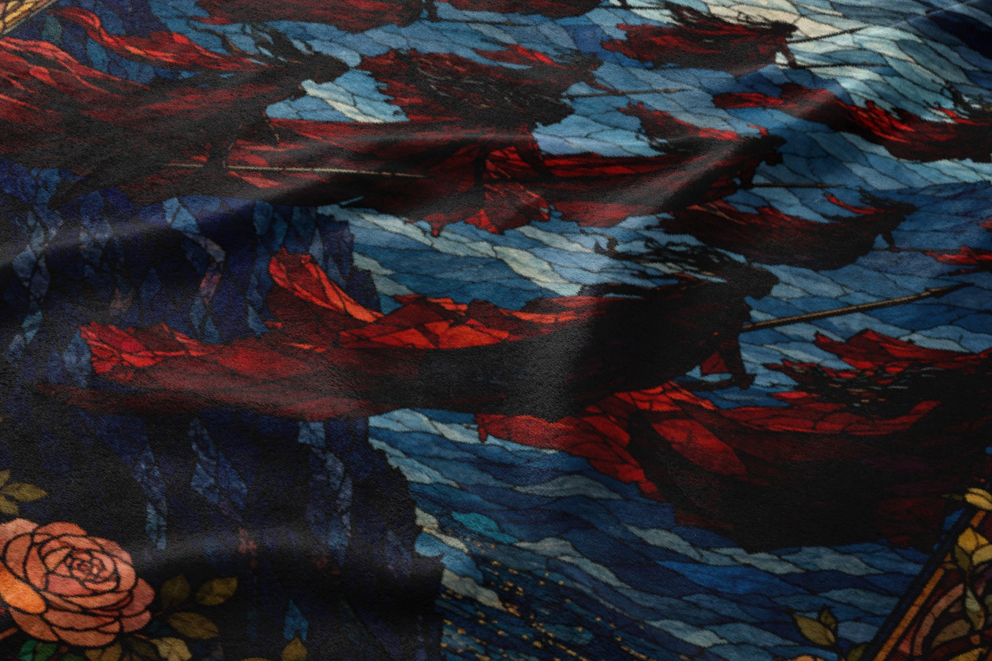 Crimson and blue fabric with a stained-glass effect featuring flowing figures and a rose.